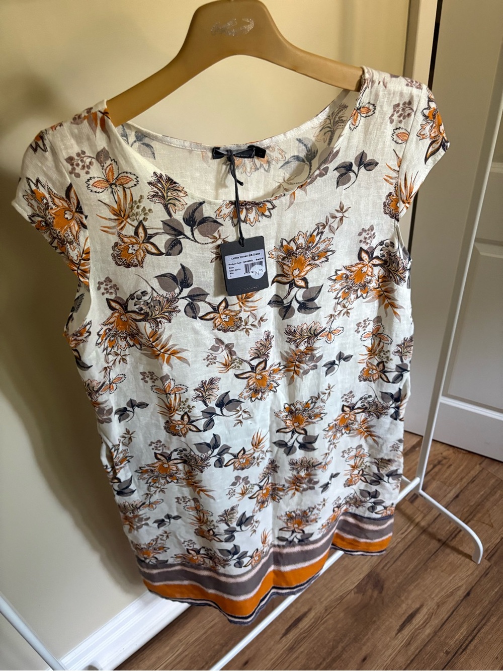 100% Linen Blend Cap Sleeve Dress - Cream with Orange & Brown